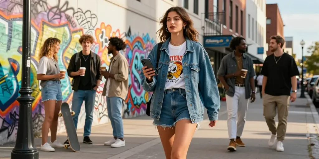 Young woman in stylish streetwear exploring urban culture with rokok88 vibe.