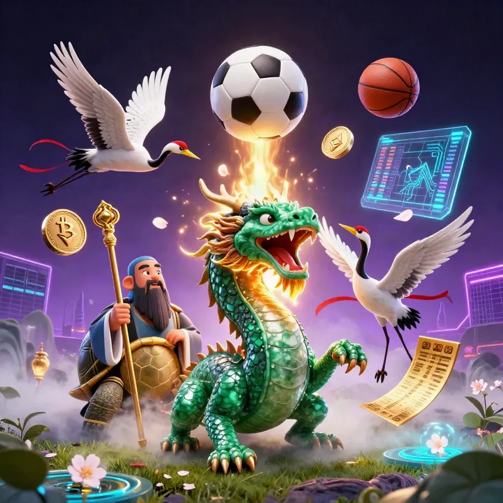 Jade dragon, turtle sage, and cranes amid sports balls, coins, and neon fire in a dark casino scene