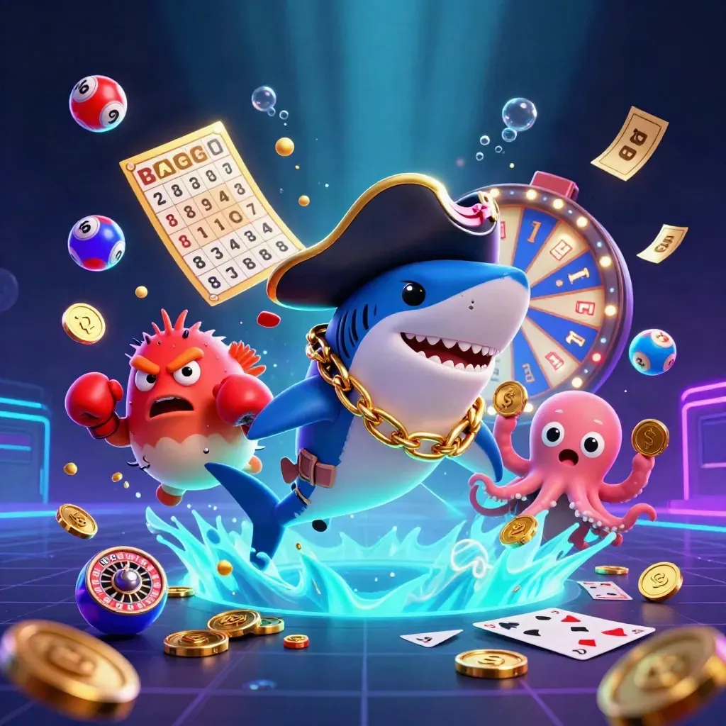 Pirate shark, boxing pufferfish, and juggling octopus amid casino loot and neon sea glow.