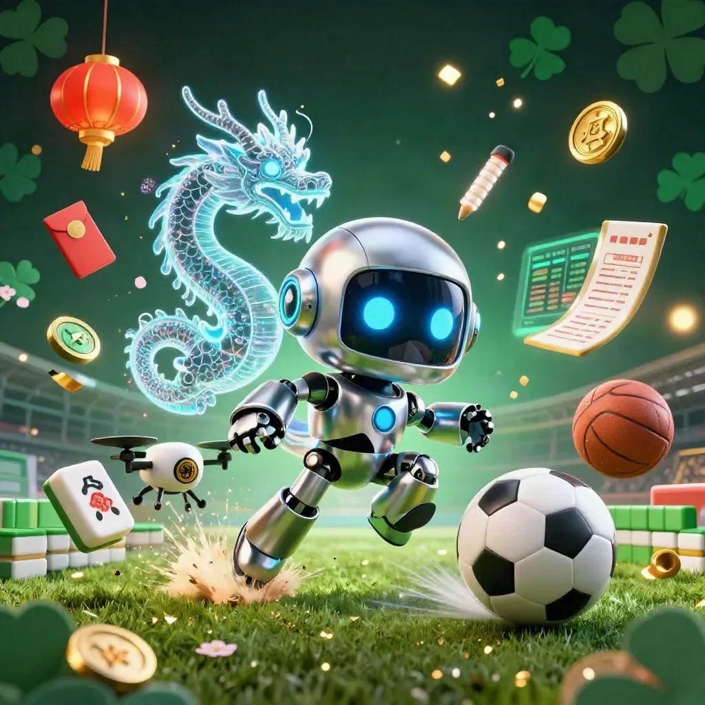 Ground-level football strike with robot, dragon, drone, and casino-themed effects.