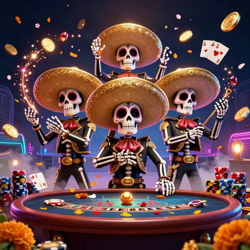 Skeleton mariachi trio amid coins, gems, chips and a spinning roulette wheel in a neon casino glow.