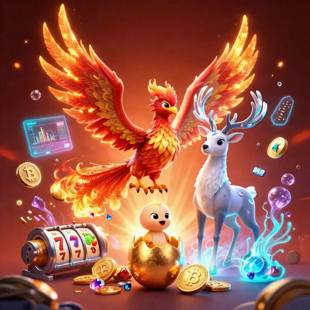 Fire phoenix, hatching baby phoenix, and crystal stag amid coins, gems, reels, and cyan lightning.