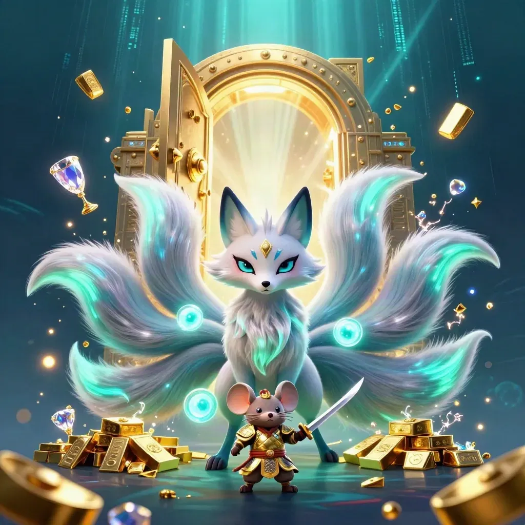 Neon fox spirit and samurai mouse amid bursting treasure and glowing vault light