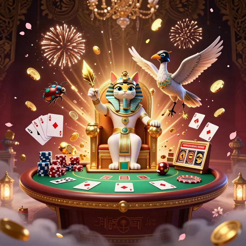 Pharaoh cat, ibis scribe and scarabs amid casino treasure, chips, cards and gold light.