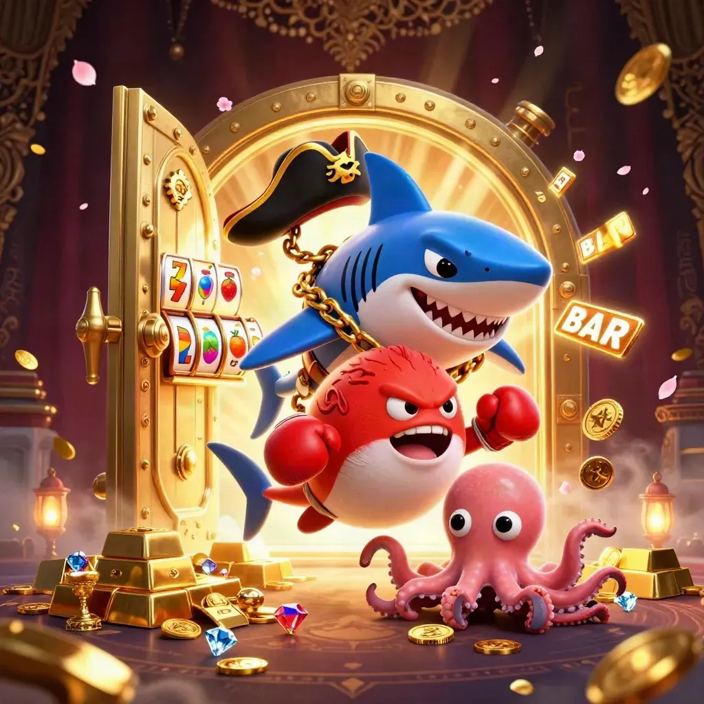 Pirate shark, boxing pufferfish, and coin-juggling octopus in a glowing vault scene