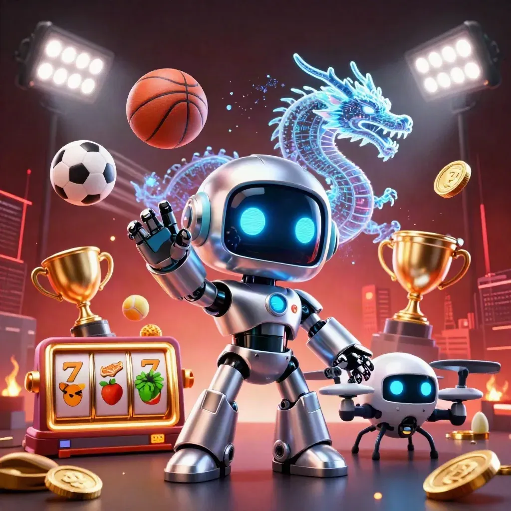 Cyberpunk robot, holographic dragon, and coin drone amid casino sports icons