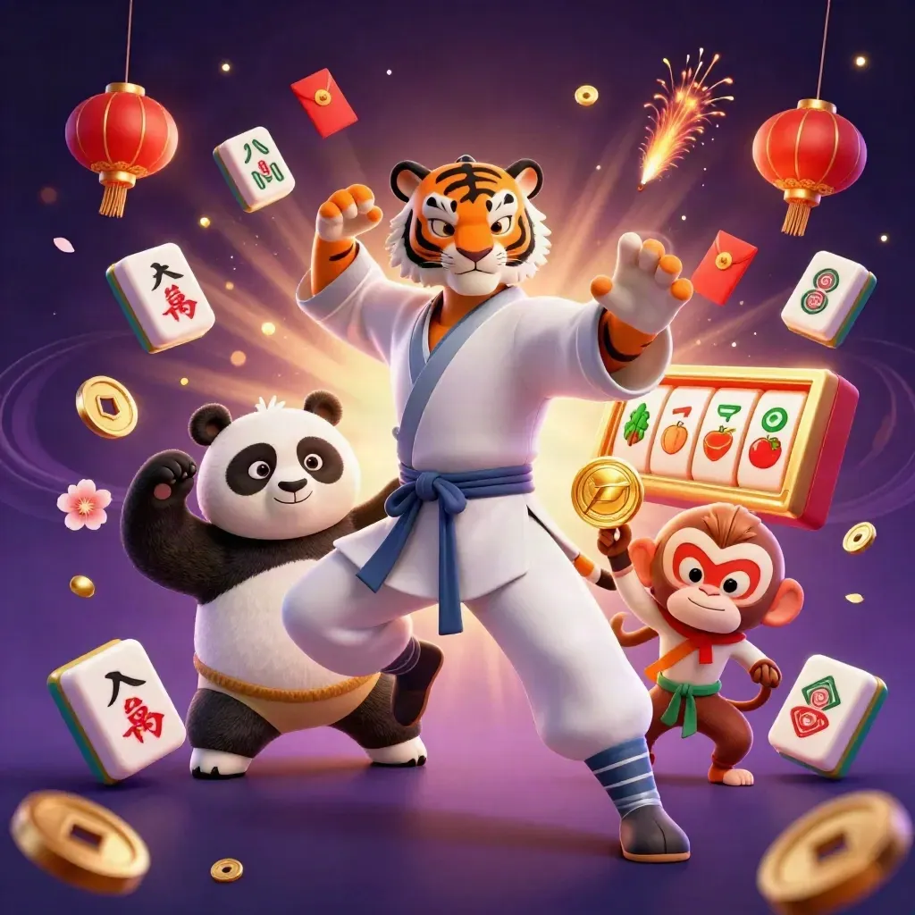 Tiger, panda, and monkey kung-fu heroes amid casino symbols on a purple starfield.