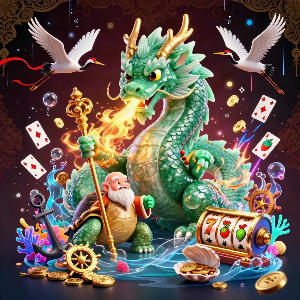 Jade dragon, turtle sage and cranes amid treasure cove slots, gold fire and navy casino lights.