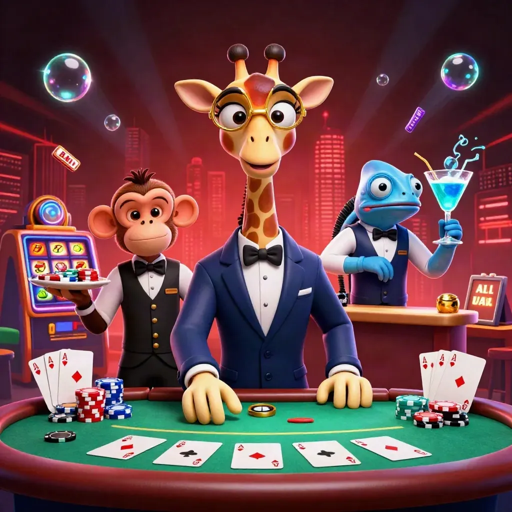 Giraffe, monkey valet, and chameleon bartender at a glowing poker table with chips and cards